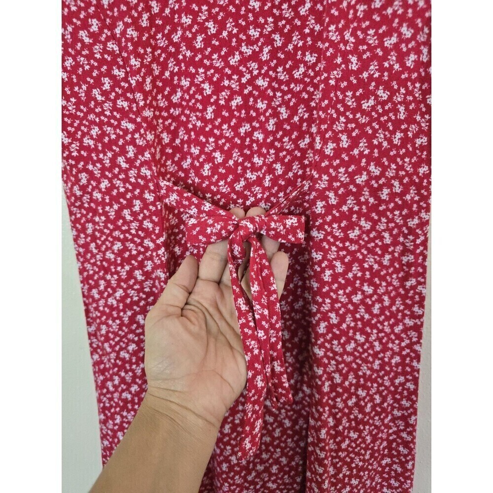 Saks Fifth Avenue Red Ditsy Floral Midi Dress V Neck Tie Back Boho Size 2 - Picture 11 of 12